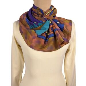 Vtg Hand Painted Silk Scarf Cityscape‎ Night Scene 31" Art to Wear Abstract